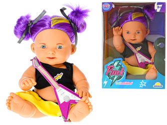 Panenka 23cm s fialovými culíky a kytarou v krabičce