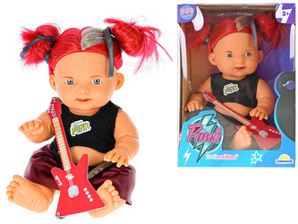 Panenka 23cm s červenými culíky a kytarou v krabičce