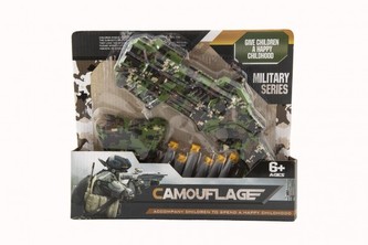 Pistole vojenská na pěnové náboje plast 23cm + pěnové náboje 6ks se zásobníkem v krabičce 28x24x5cm