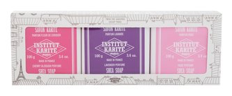 Institut Karite Shea Soap tuhé mýdlo Shea Soap Cherry Blossom 100 g + tuhé mýdlo Shea Soap Lavender 100 g + tuhé mýdlo Shea Soap Rose Mademoiselle 100 g