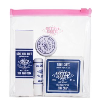 Institut Karite Shea Hand Cream krém na ruce Shea Hand Cream Milk Cream 30 ml + tuhé mýdlo Shea Soap Milk Cream 100 g + balzám na rty Shea Lip Stick 4 g + univerzální tělové máslo Pure Shea Butter 10 ml + kosmetická taštička