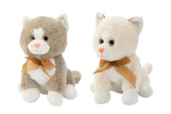 Kočka/Kočička sedící s mašlí plyš 23cm 2 barvy v sáčku 0+