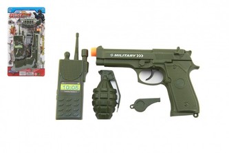 Vojenská/policejní sada plast pistole klapací 18cm vysílačka, píšťalka, granát na kartě 15x29x3cm
