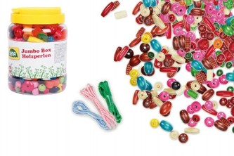 Dřevěné korálky 438ks 6 šňůrek v plastové dóze 13x10x10cm 4+