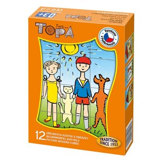 Kostky kubus Pejsek a kočička dřevo 12ks v krabičce 12x16,5x4cm