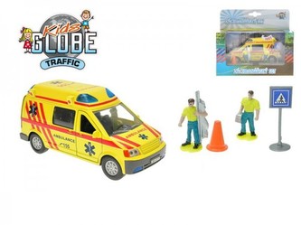 Auto ambulance kov 13cm s postavičkami na zpětný chod na baterie se světlem se zvukem v krabičce