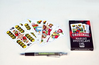 Mariáš dvouhlavý společenská hra karty v papírové krabičce 6x11cm