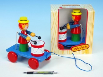 Šašek s bubnem dřevo tahací 20cm v krabičce