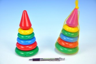 Skládanka pyramida s kroužky malá plast 18cm v síťce 12m+
