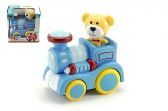Vlak s medvídkem plast 13cm narážecí na baterie se světlem v krabici