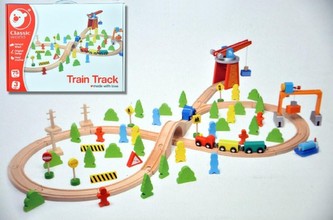 Vlak dřevo s dráhou + doplňky 75 ks v krabici 40x30x11cm