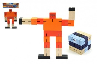 Kostka hlavolam robot dřevo 6cm modrá v sáčku