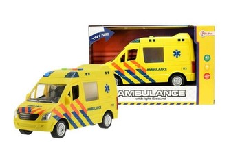 Auto ambulance žlutá plast 22cm na baterie se světlem se zvukem na setrvačník v krabici 27x17x11cm