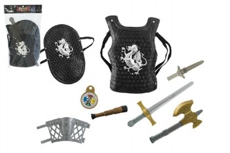 Rytířská sada meč sekera brnění 8ks plast 30x40cm v sáčku