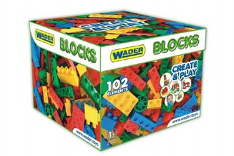 Kostky stavebnice pro kluky plast 102ks v papírové krabici 28x28x20cm Wader 12m+