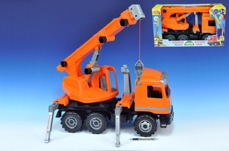 Autojeřáb plast 70cm 3-osý oranžový v krabici