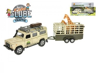 Auto Land Rover Defender kov 13cm s přívěsem a žirafou na zpětné natažení v krabičce