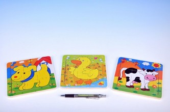 Puzzle domácí zvířátka dřevěné 15x15x0,8cm asst 3 druhy 12m+
