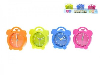 Budík barevný mini 5.3x6x2cm na baterie, 4 barvy, v krabičce - 1 kus