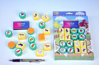 Razítka sada jezdectví 16ks s dvoubarevnou poduškou v krabičce