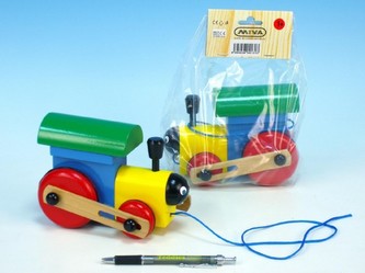 Lokomotiva/Vlak tahací barevná dřevo 17cm v sáčku