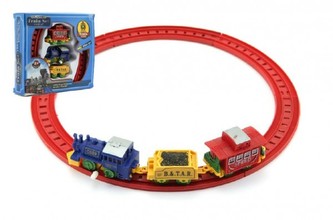 Vlak na klíček 7cm + 2 vagóny 7cm s kolejemi plast v krabici 18x17cm