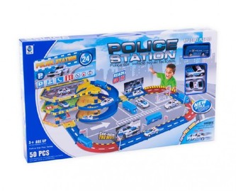 Garáž/Policejní stanice s dráhou plast 50ks v krabici 56x33x6cm