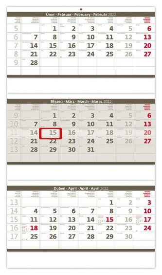 Kalendář nástěnný 2022 - Tříměsíční skládaný šedý