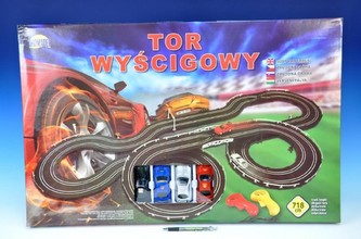 Autodráha závodní + 2 auta + 2 náhradní karoserie plast 718 cm na baterie v krabici 79x51x5cm