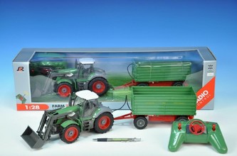 Traktor RC s nakladačem a vlečkou plast 50cm 1:28 27MHz na baterie plná funkce v krabici
