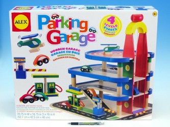 Garáž 4 patra dřevo 52,7x42,5x48cm + 4 auta + vrtulník v krabici