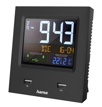 HAMA digitální budík Dual-USB/ řízený rádiovým signálem/ barevný displej/ 3x AAA baterie/ 2x USB/ černý