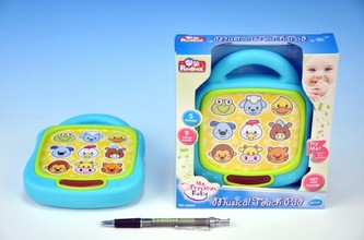 Tablet/Telefon zvířátka plast 15cm dotykový hrající na baterie v krabičce od 6 měsíců