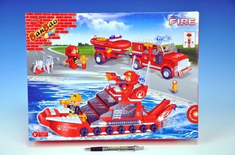 Stavebnice BanBao Hasičské auto a loď 392ks + 4 figurky v krabici 45x35x7cm