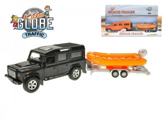 Auto Land Rover Defender kov 14cm se člunem 12cm na zpětné natažení v krabičce