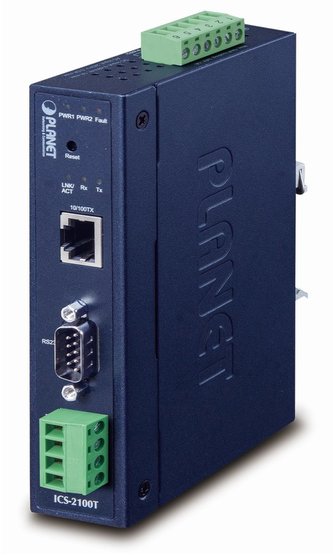 PLANET průmyslový konvertor RS-232/422/485 na IP, 1x COM, 1x 100Base-TX, 9-48VDC, -40~+75°C, IP30, SNMP+Telnet