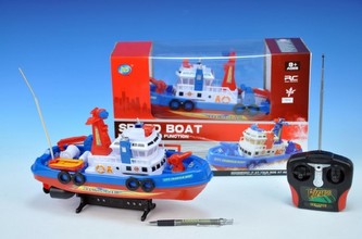 Člun Loď RC plast 27cm na vysílačku 27Mhz na baterie stříkající v krabici