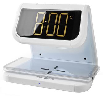 NEDIS budík/ bezdrátová nabíječka/ Qi certifikace/ vícebarevné noční svítidlo/ 5VDC/9VDC/ 1.0A/1.1A/ USB/ bílý