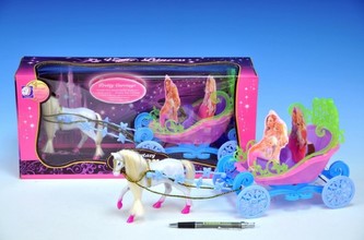 Kůň 13cm s kočárem 20cm na baterie v krabici