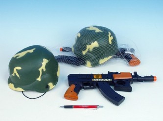 Přilba vojenská + Samopal plast 30cm na setrvačník jiskřící v síťce