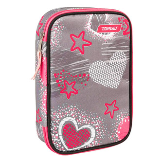 Školní penál s náplní Target Srdce, jednopatrový, růžovo-šedý