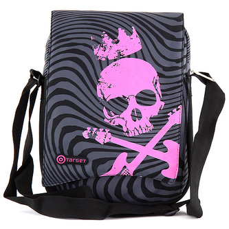 Taška do města Target černá s šedými ornamenty a růžovou lebkou