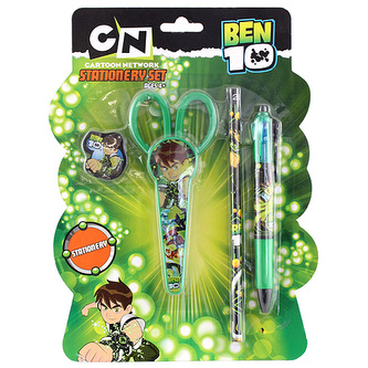 Školní sada Ben 10 4-dílná, 1x guma, 1x nůžky, 1x tužka, 1x propiska 4 barvy s