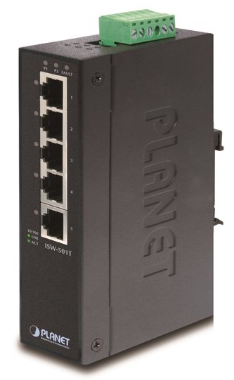 PLANET ISW-501T Průmyslový Switch 5x 10/100M, -40~+75°C, TB napájení 12-48VDC, DIN, kovové šasi PLANET ISW-501T Průmyslový Switch 5x 10/100M, -40~+75°C, TB napájení 12-48VDC, DIN, kovové šasi