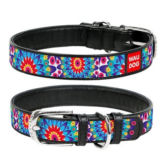 Obojek kožený Waudog Flowers černý (38-49cm/2,5cm)