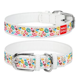 Obojek kožený Waudog Donuts bílý (30-39cm/2cm)
