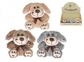 Pes/Pejsek sedící s mašličkou plyšový 12cm asst 3 barvy 12ks v boxu