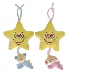 Hvězdička plyš 20cm s medvídkem 10cm natahovací hrající strojek asst 2 barvy v sáčku