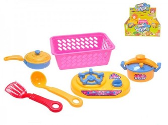 Nádobí v košíku 6ks s vařičem 14x9cm asst 2 barvy v síťce