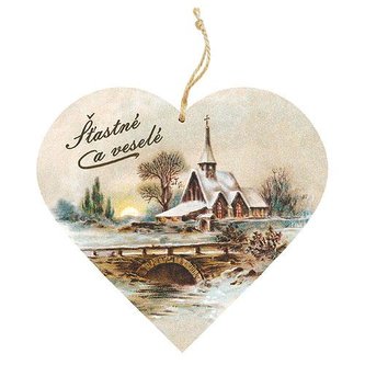 Bohemia Gifts Dekorační dřevěné srdce 13 cm – Vánoce kostel
